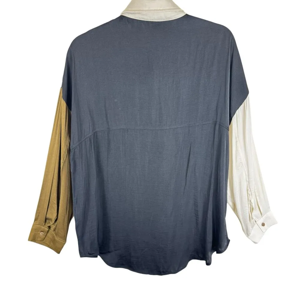 MIOU MUSE Mustard Black Cream Color Block Collared Light Button Up Blouse Size M Size M - Image 4