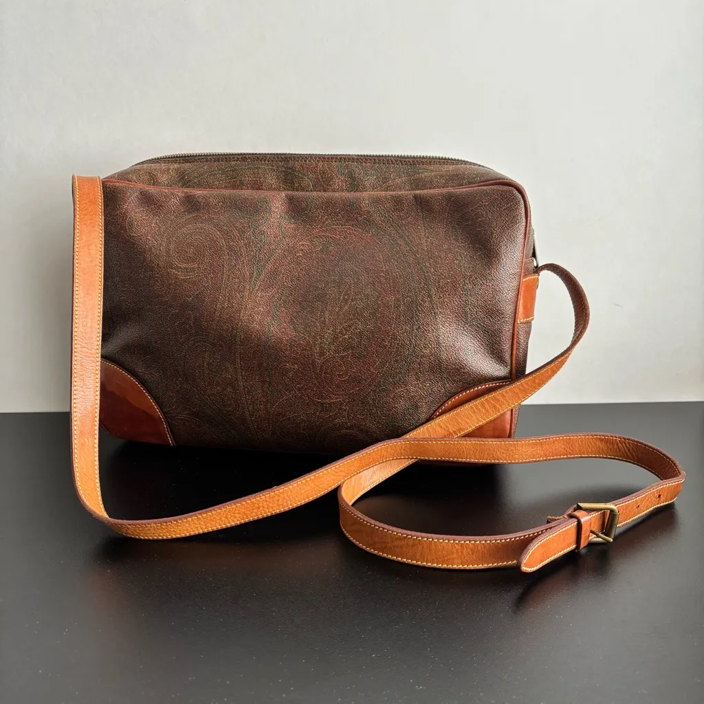 ETRO Red Paisley Crossbody Messenger Shoulder Bag Leather Coated Canvas ITALY Brown - Image 3