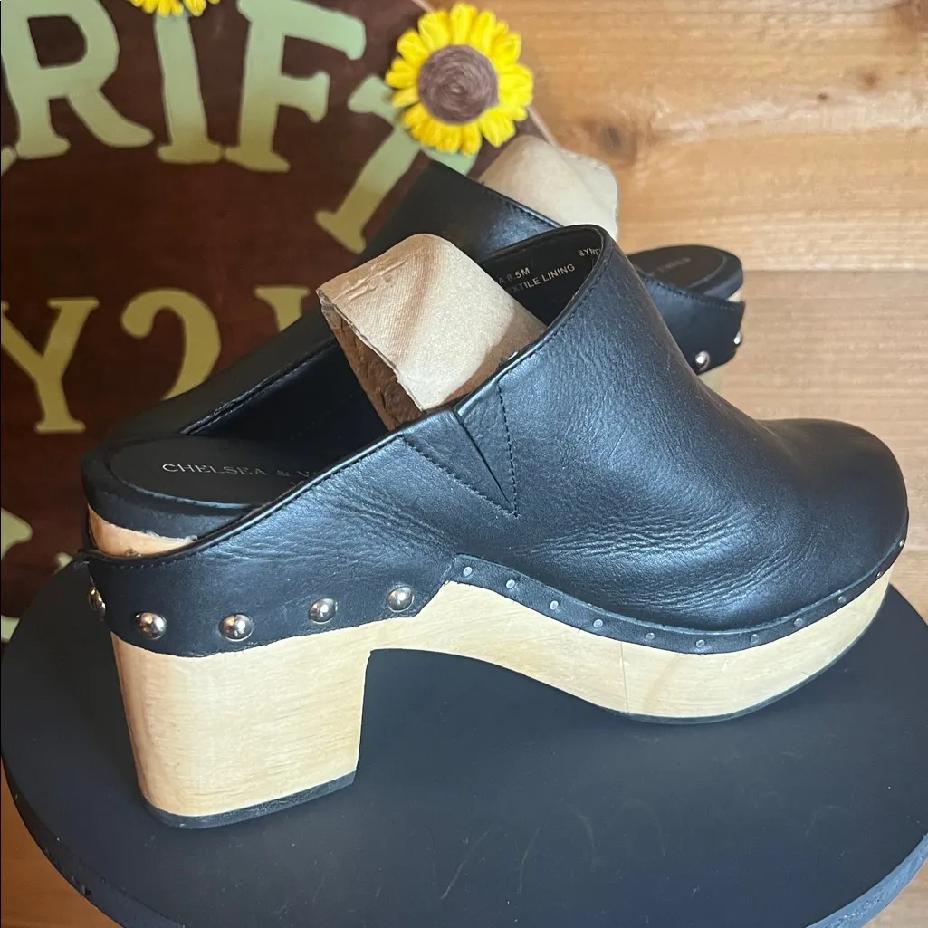 Chelsea & Violet Jana Black Leather Platform Wood Clog Gromit Slip On Mule 8 8.5 - Image 3