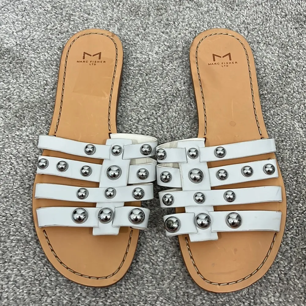 Marc Fisher Tan and White Studded Slide Leather Pava Sandal Flats - Image 5