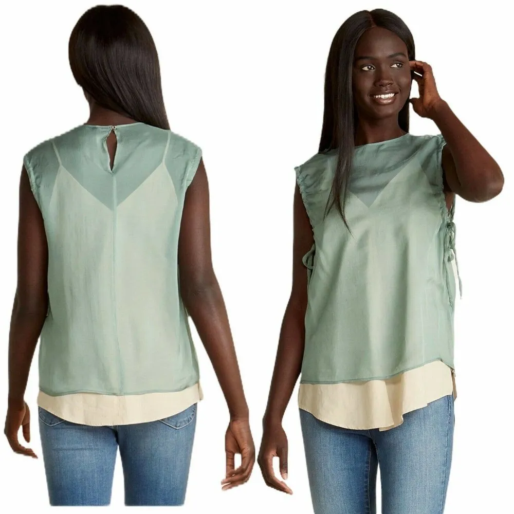 ALYSI Chocolat Silk Blouse Side Ties Sleeveless Italy Green Ivory Layered IT 44 Size 6 - Image 11