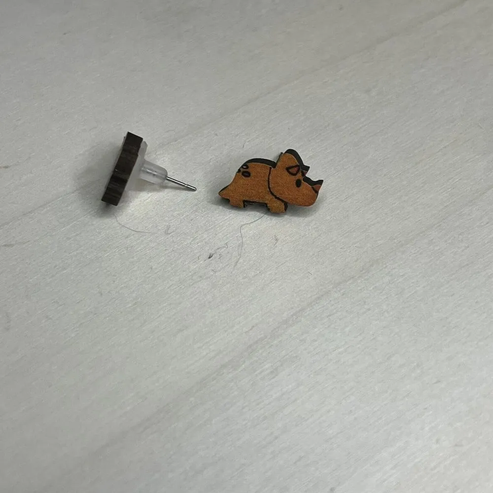 New Handcrafted Handpainted Lightweight triceratops Dinosaur Wood Earrings Orange - Image 5