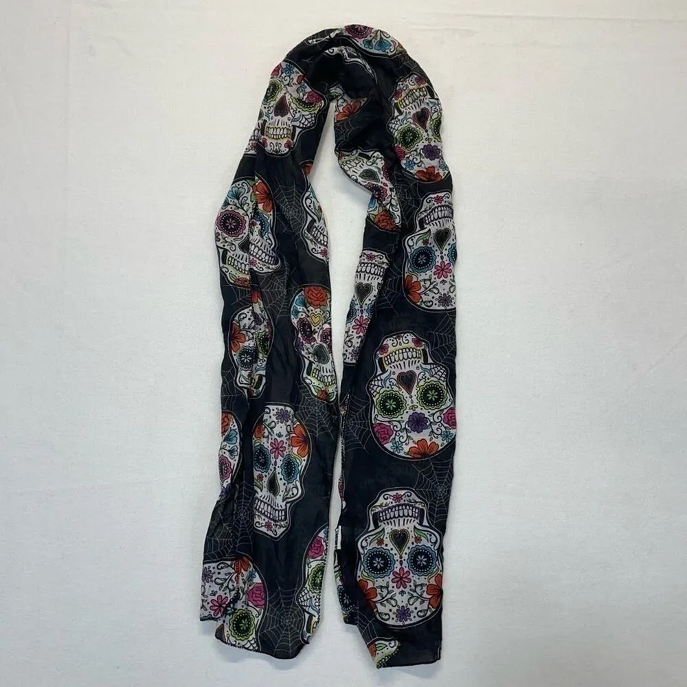 Sugar Skull Scarf Lightweight Day of The Dead black white red pink purple blue - Image 3