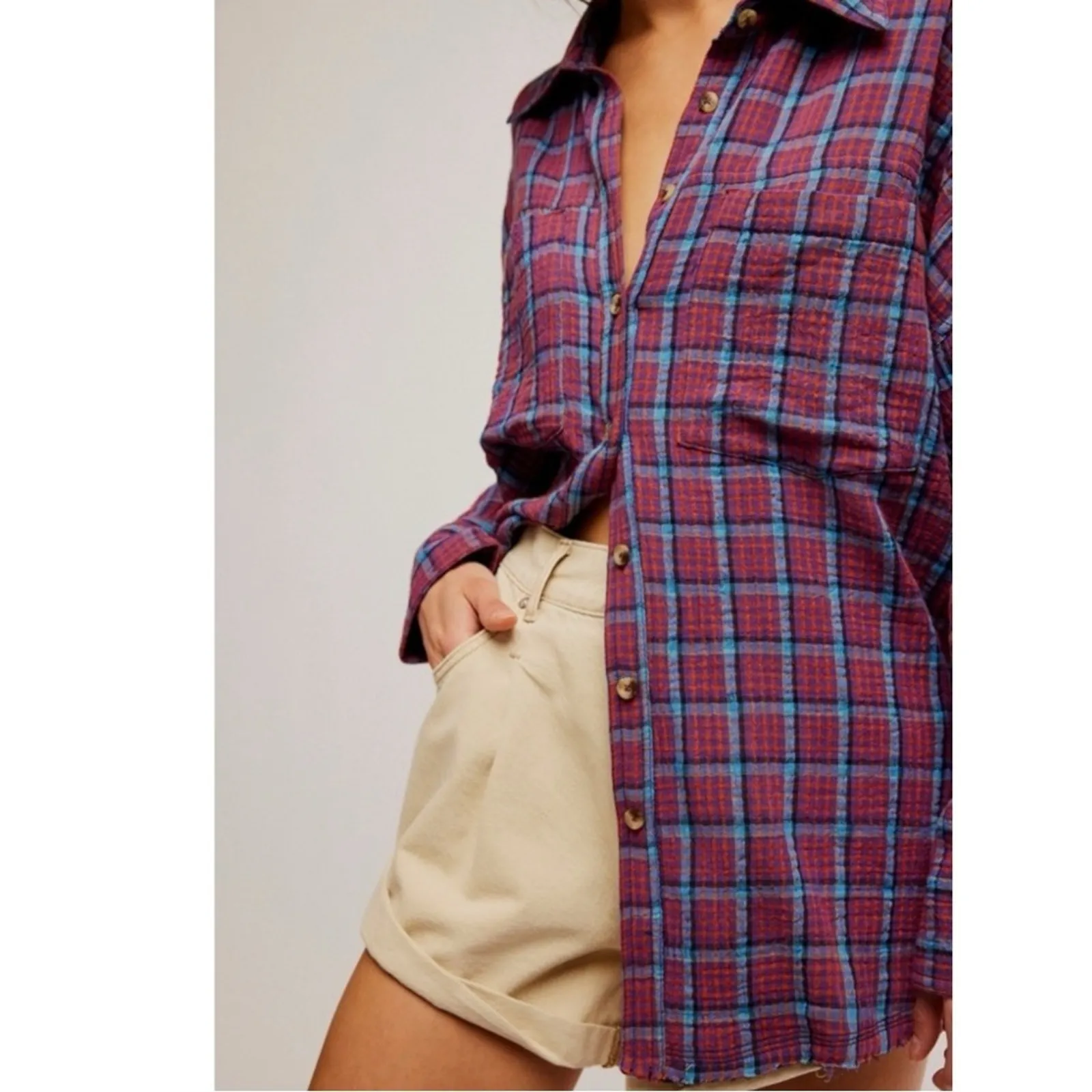 Free People Oversized Bohemian Grunge Fall Cardiff Plaid Swing Top Shirt Medium - Image 7