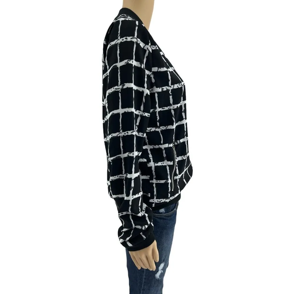 Beulah (M) Black White Plaid Zip Up Lightweight Bomber Jacket - Image 4
