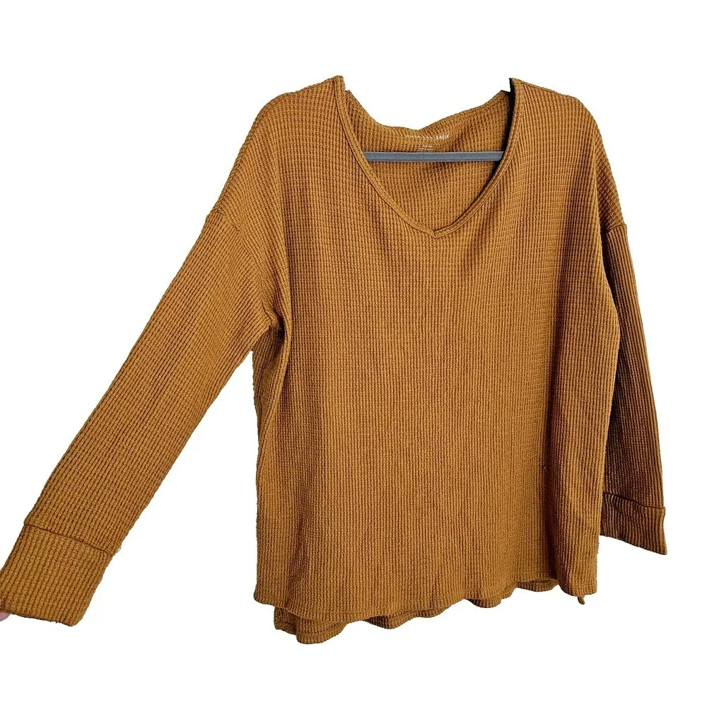 American Eagle Waffle Rib Knit Thermal Top Size S V-Neck Mustard Orange - Image 8