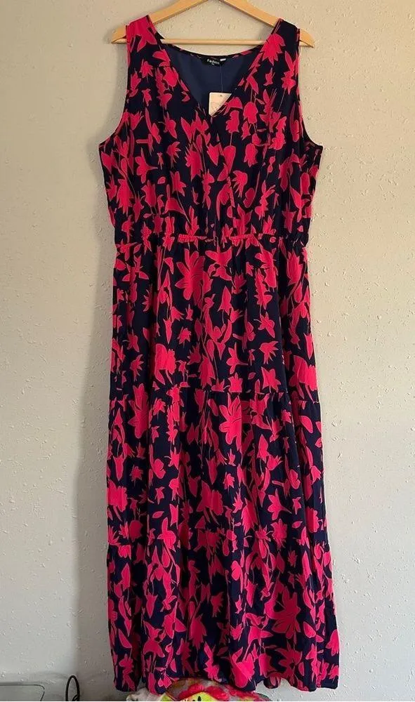 NWT Blue Pink Floral Midi Maxi Dress Vacation Colorful XL Wedding Guest - Image 2