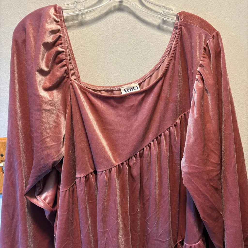 Arula Sz A XL/1X Pink Velvet Short Tiered Babydoll Dress Long Puff Sleeve Women - Image 2