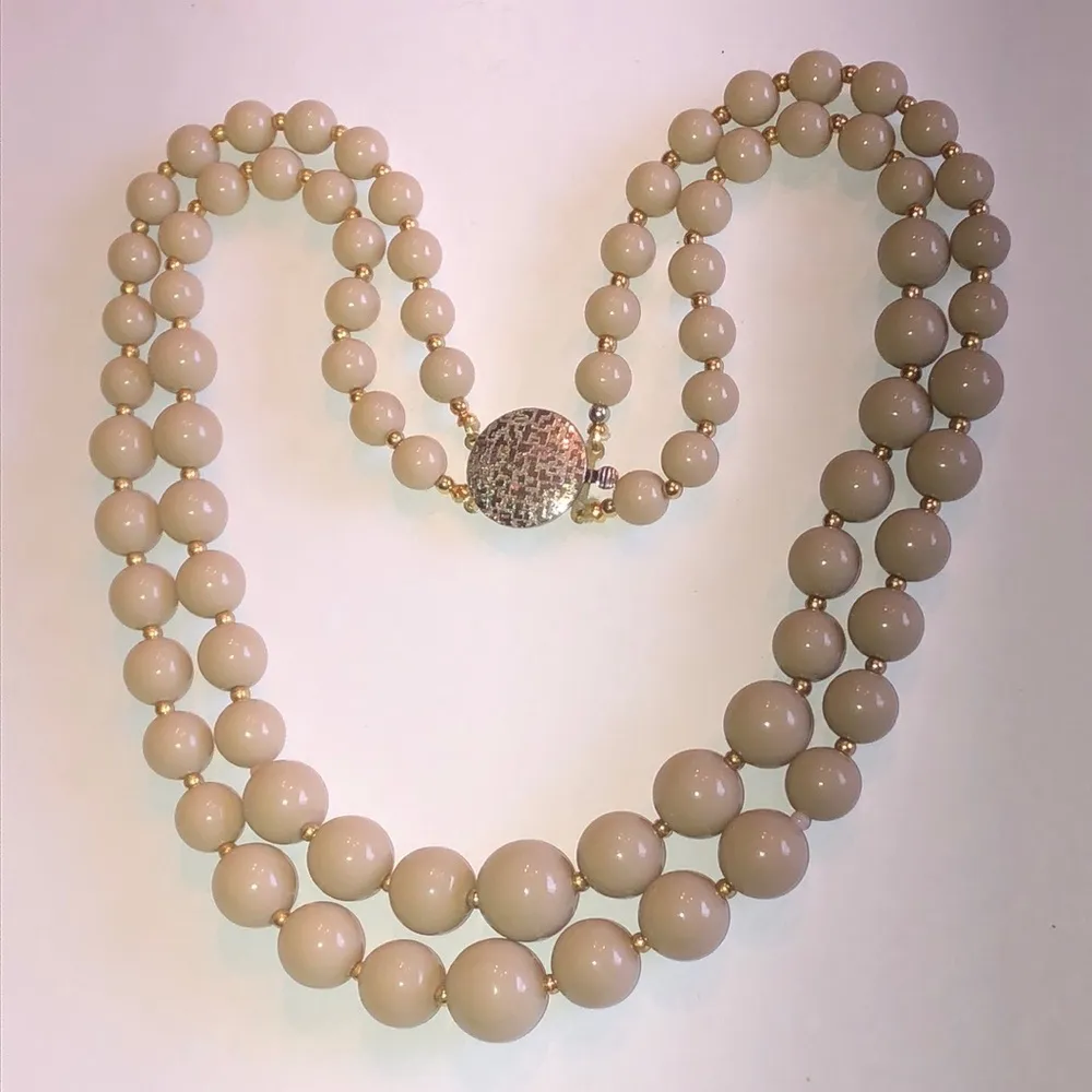 Vintage Double Strand Beige Beaded Classic Boho Necklace - Image 2