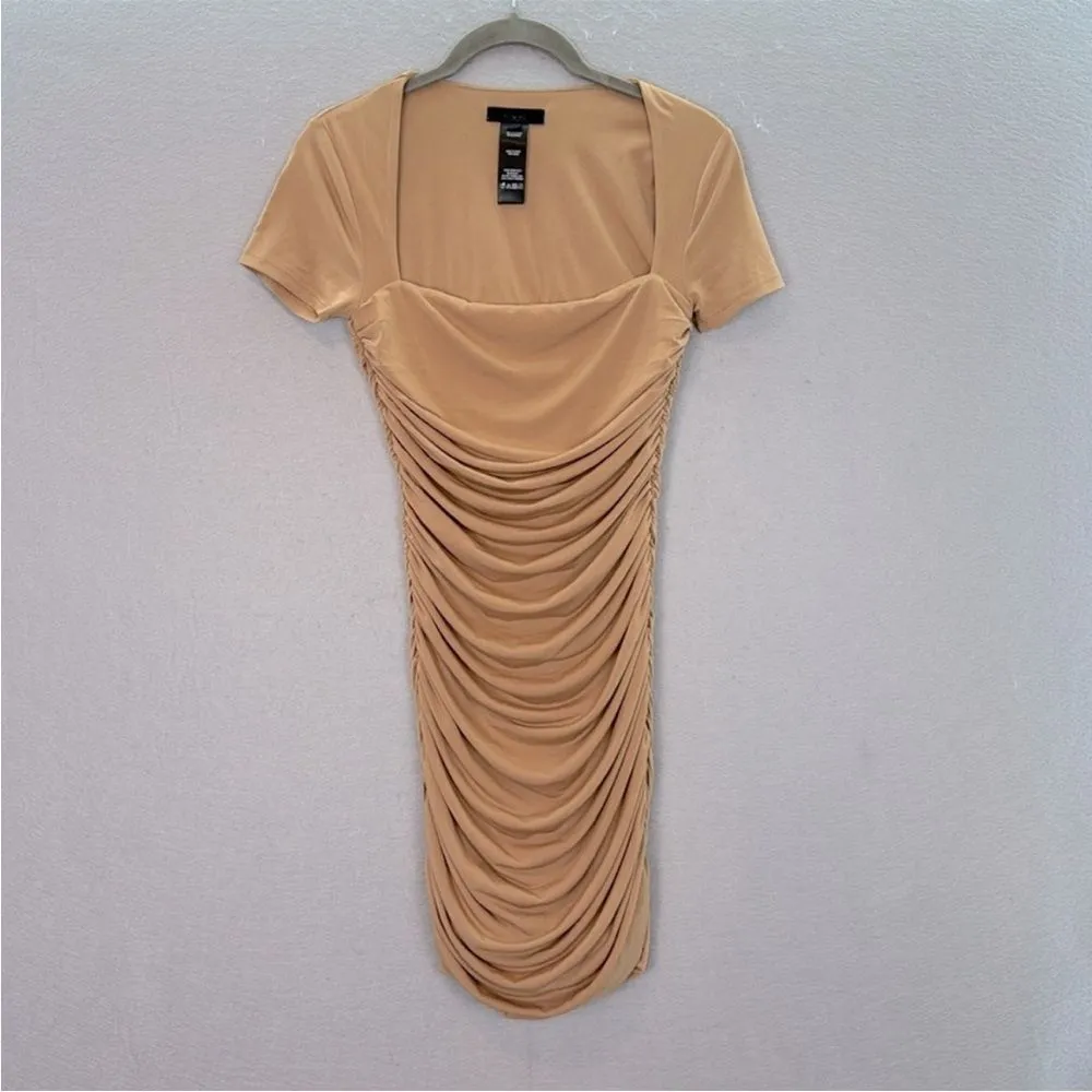 H:ours - women’s Martie Tan Ruched mini Dress short sleeve square neckline S - Image 3