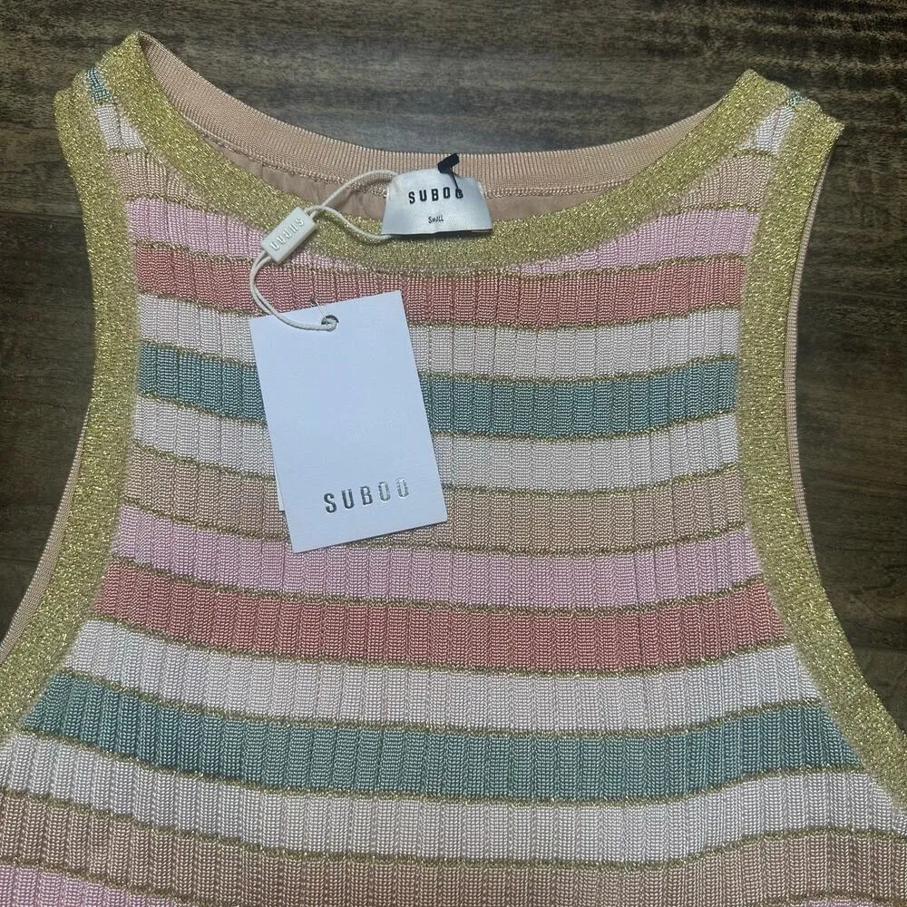 Suboo Willow High Neck Cut Out Mini Dress Metallic Pastel Stripe NEW Pink - Image 6