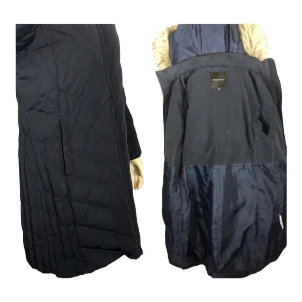 TALBOTS Down Puffer Coat in navy with fur trimmed hood size medium - Image 11