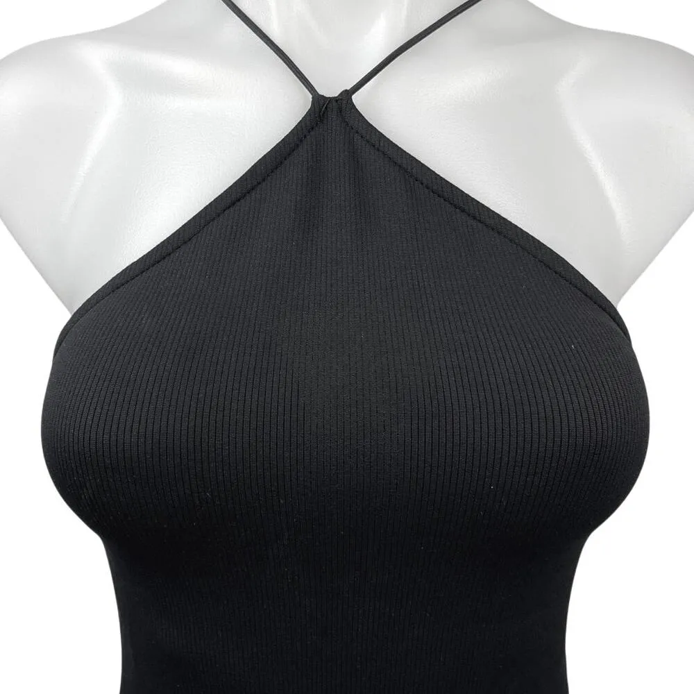 Zara Black Halter Spaghetti Strap Ribbed Stretch Knit Camisole Bodysuit Top S - Image 3