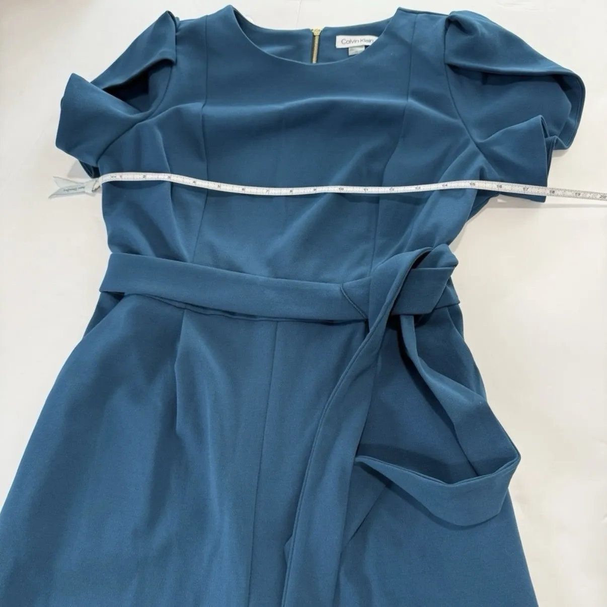 Calvin Klein Teal Tulip Sleeve Belted Stretch Crepe Cropped Leg Jumpsuit Size 10 - Image 9