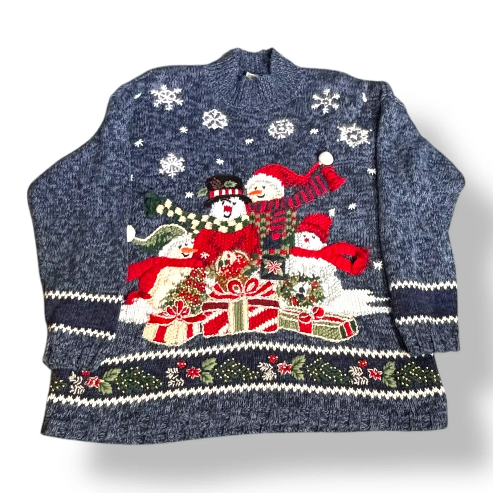 Vintage Tiara International Snowman Christmas Sweater Blue Knit Pullover Large - Image 6