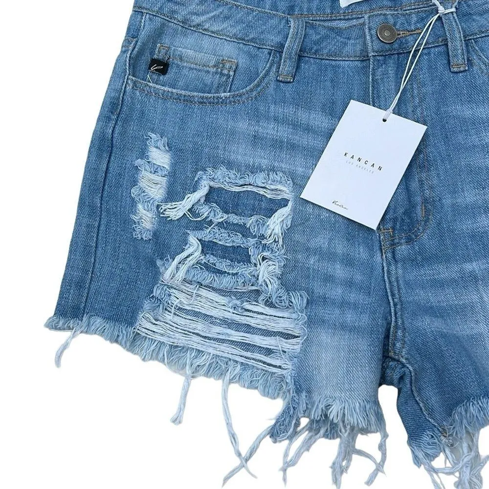 KanCan High Rise Distressed Denim Jean Shorts NWT Size Large Blue - Image 3
