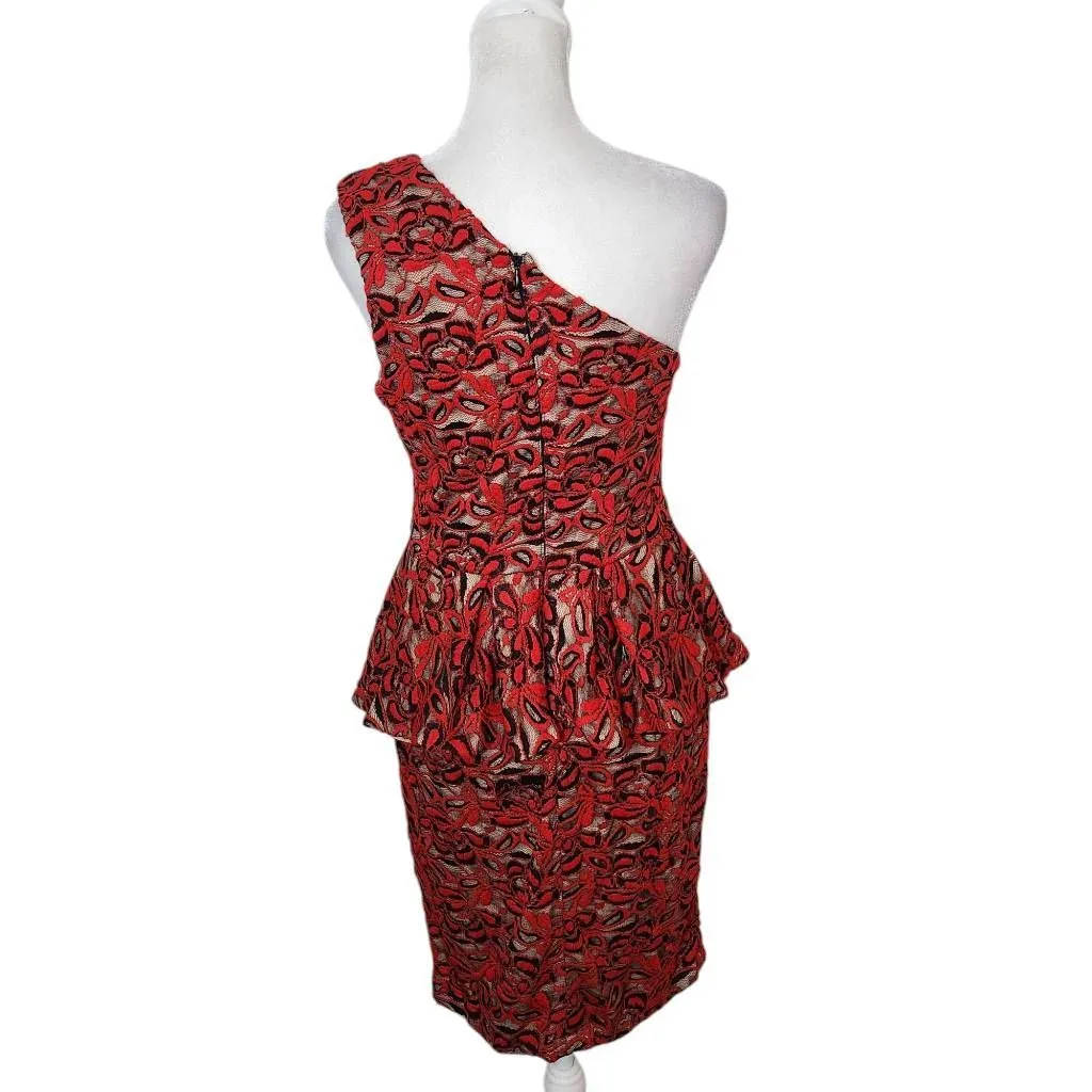Madam X Red Lace One Shoulder Dress with Peplum NWT Size 8 Lace Cocktail Dress - Image 2