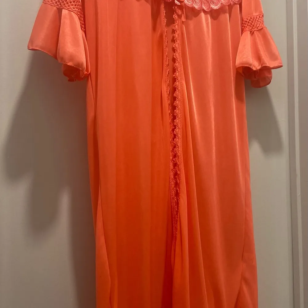 Happie Coquette Coral Pink Lace Ruffle Trim Midi Negligee Nightgown Robe - M - Image 11