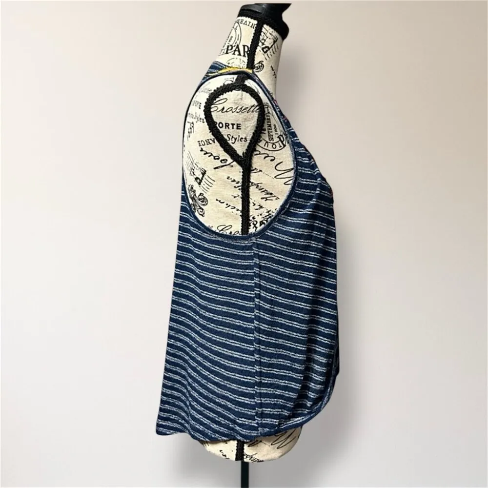 Free People Frida XS Blue Striped Embroidered Faux Wrap Tank Top Boho Festival - Image 4