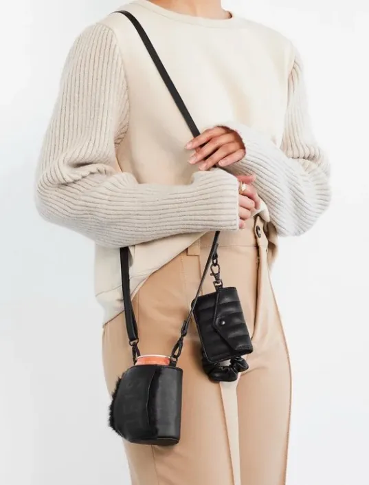 Beis Black Travel Drink Faux Fur Koozie Sling Bag Wallet Strap Accessory NWT - Image 1