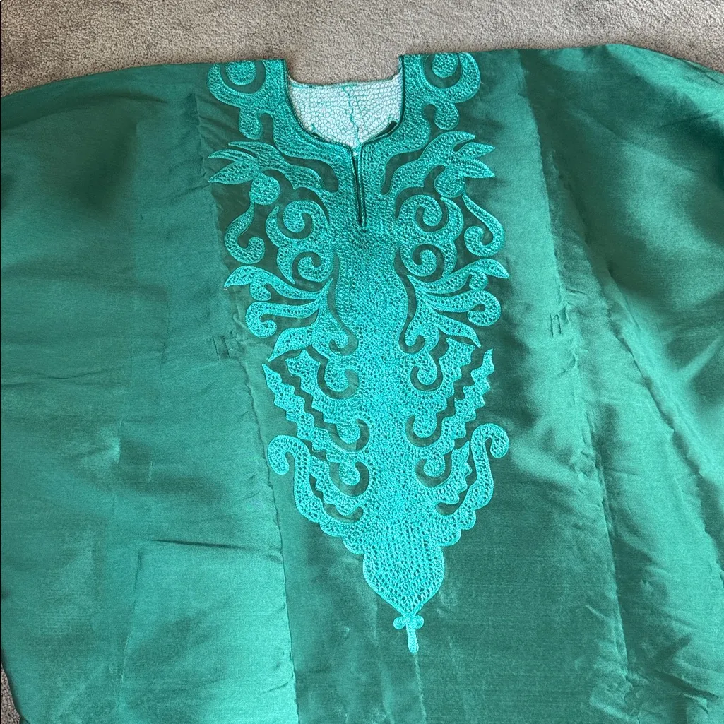 African Mikado Silk Green Embroidered Bubu Dress SIZE OS - Image 3