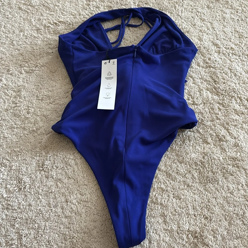 New Zara Ruffle Halter Tie Neck Bodysuit with Flower Royal Blue Size S - Image 9
