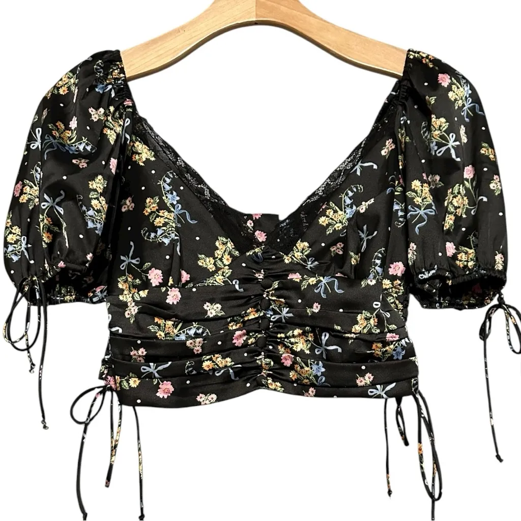 For Love & Lemons Women’s Size S Black Floral Satin August Cropped V-Neck Top - Image 8