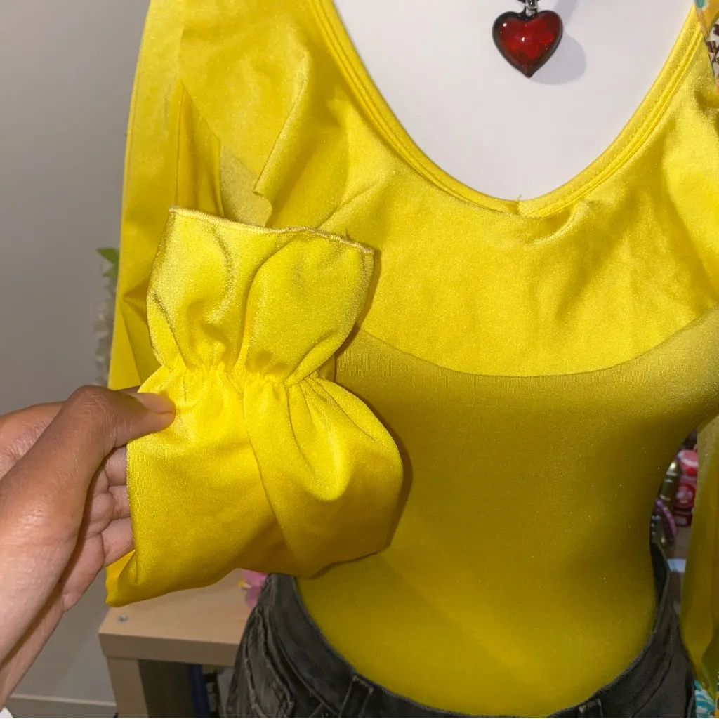 70s vintage yellow whimsical bohemian ruffle long sleeve ballet leotard bodysuit - Image 4