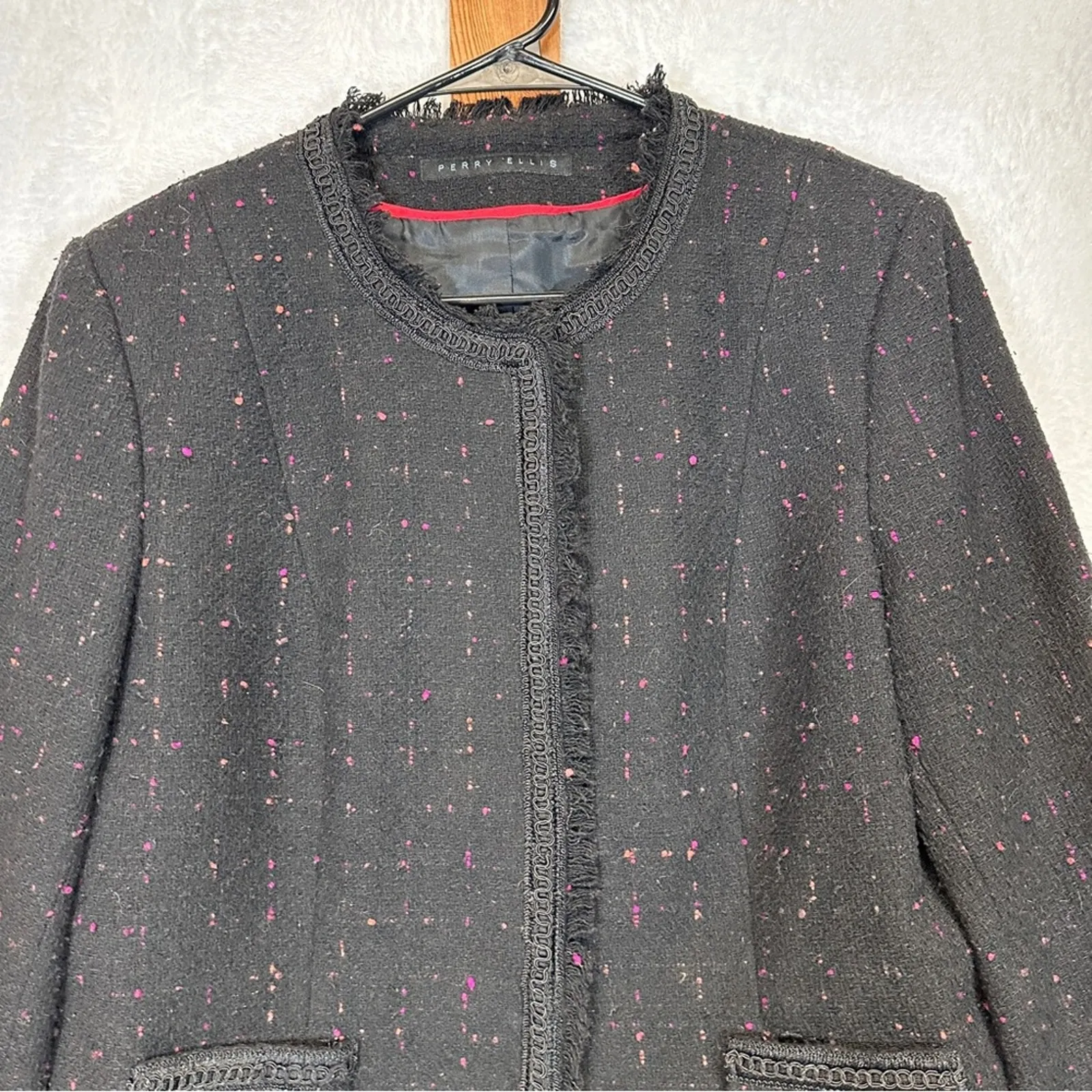 Perry Ellis Wool Blend Black & Pink‎ Fringe Long Sleeve Blazer Size 14 - Image 2