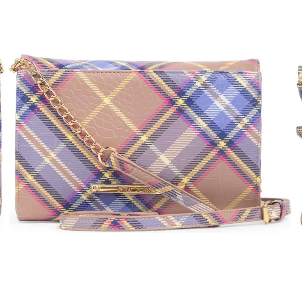 Betsy Johnson crossbody wallet pastel plaid w/ adjustable strap & front Bow NWT - Image 2