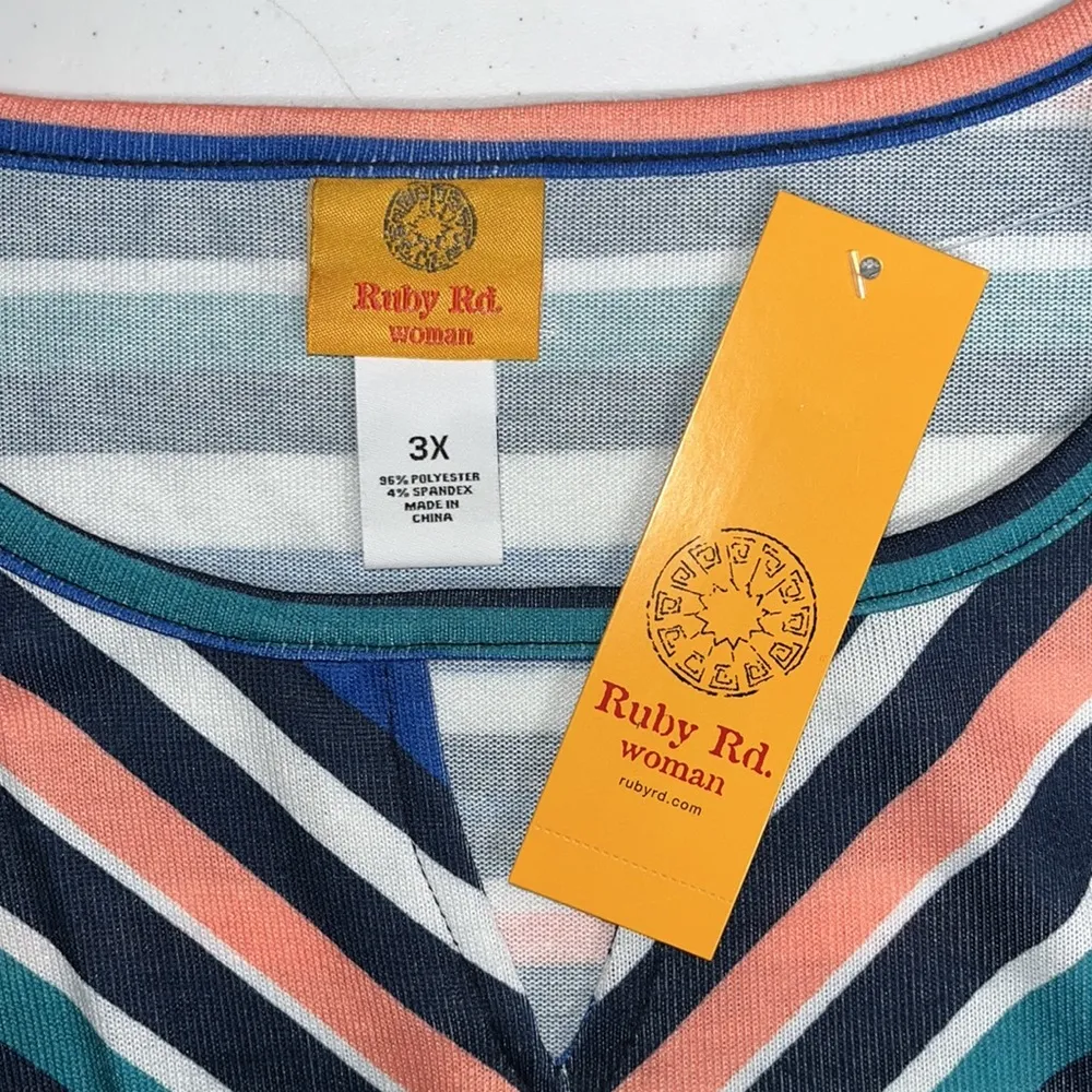 Ruby Rd. Woman NWT Size 3X Blue Stripe Keyhole Tie Hemline Knit Top Blouse - Image 5