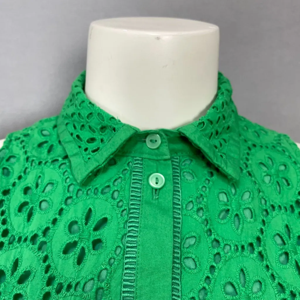 1901 Dress Cotton Eyelet Sleeveless Shirtdress Green Size 6 Petite Collar A-Line - Image 9