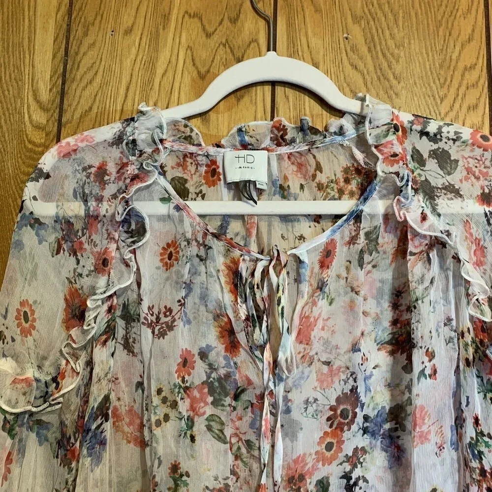HD In Paris Anthropologie Womens Size Petite XS Multicolor Floral Sheer Silk Top - Image 2