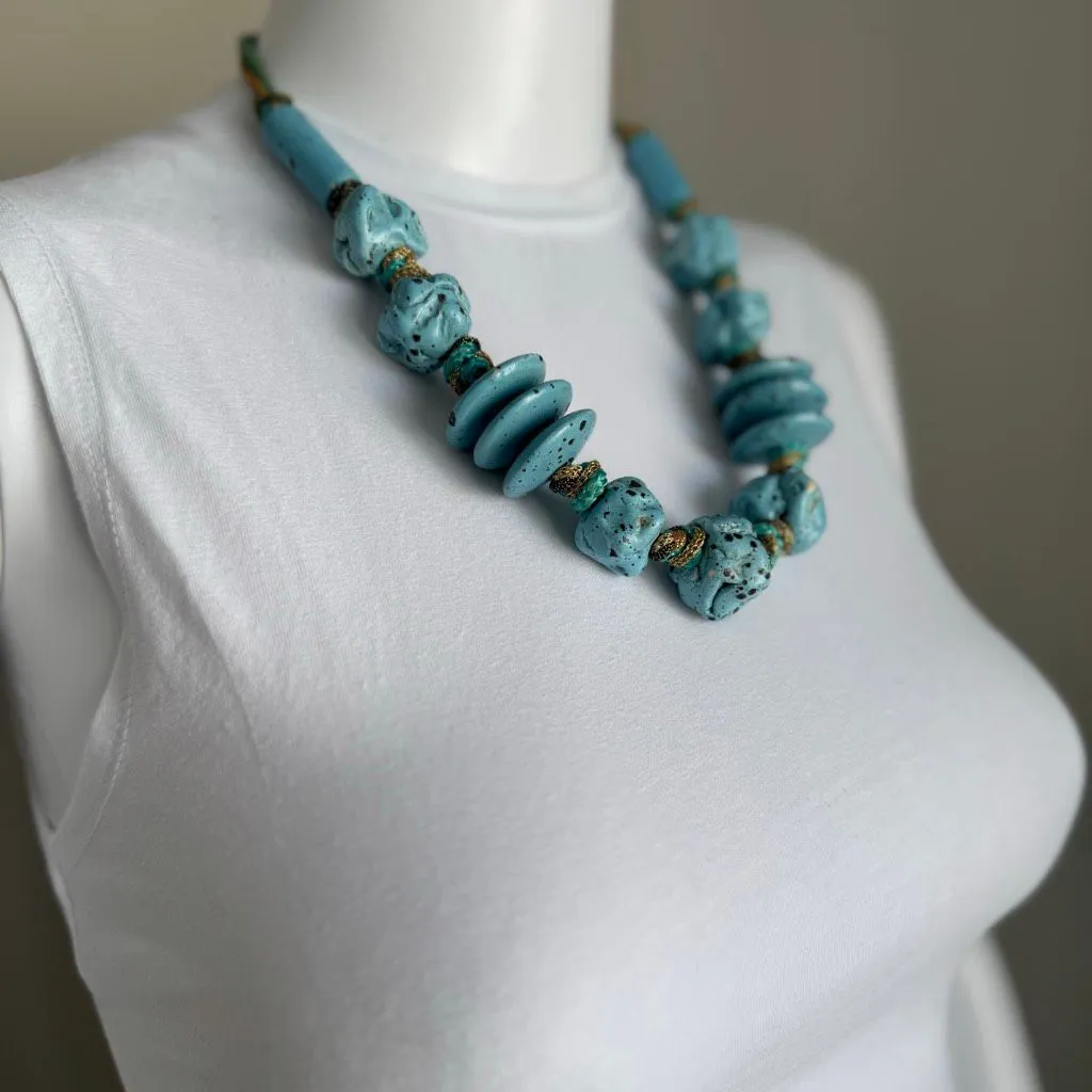 Chunky Turquoise Beaded Boho Statement Necklace Blue - Image 2