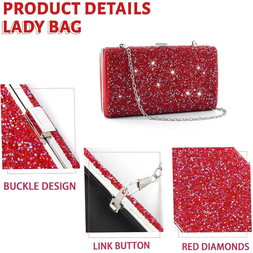 ⚡ Women's Glitter Double Sided Diamond Evening Clutch Crossbody Red Bag - Image 7