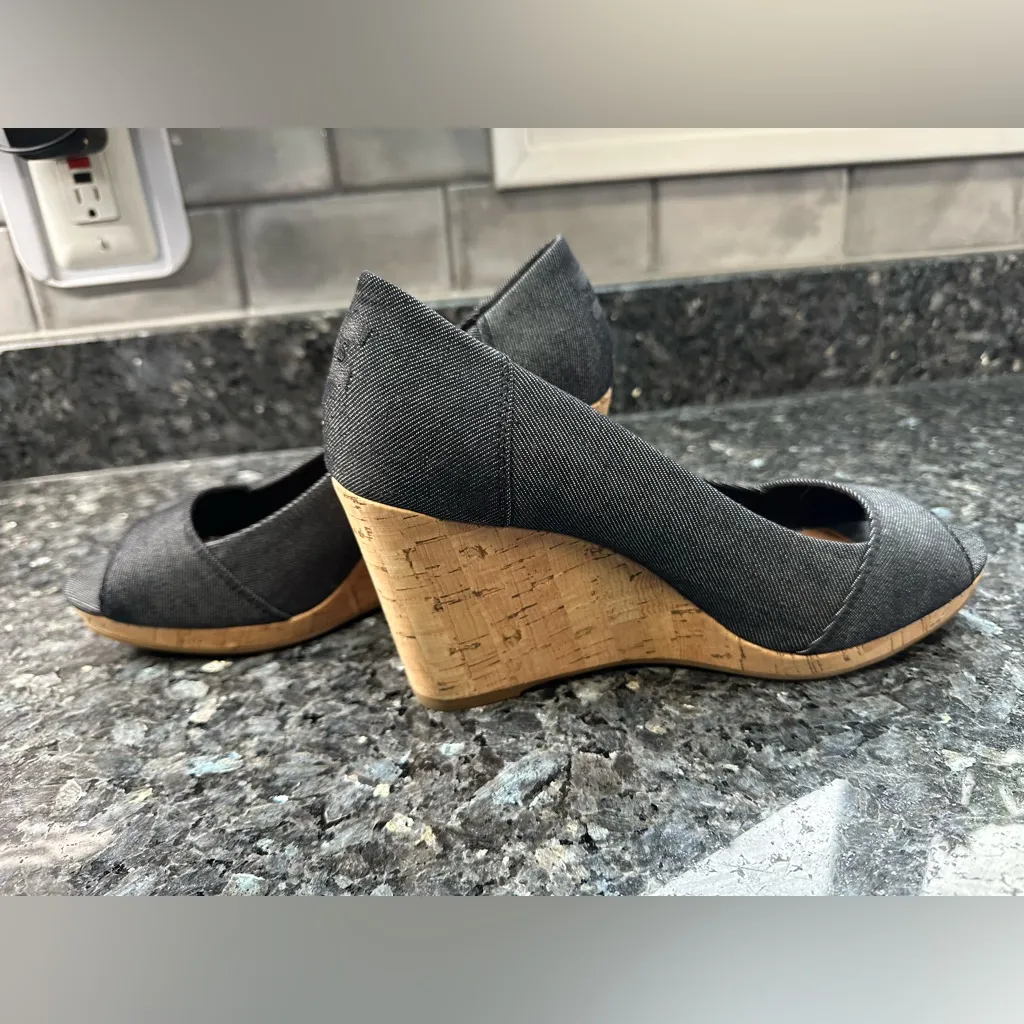 Toms Stella Blue Denim Peep Toe Cork Wedge Heels Women’s Size 9.5 Boho Chic - Image 9