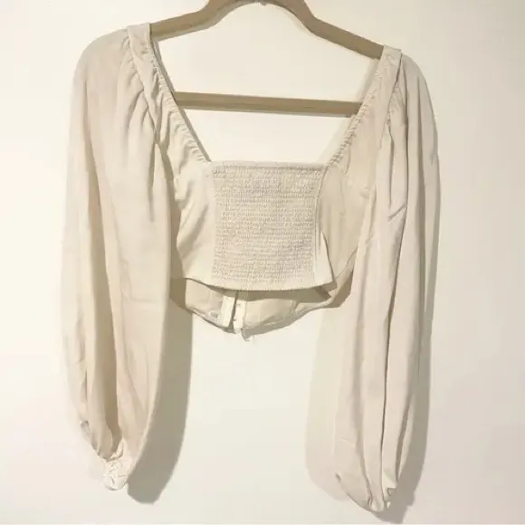 Urban Outfitters Ivory Cotton Corset Crop Top Puff Sleeve Cottagecore Milkmaid M - Image 8