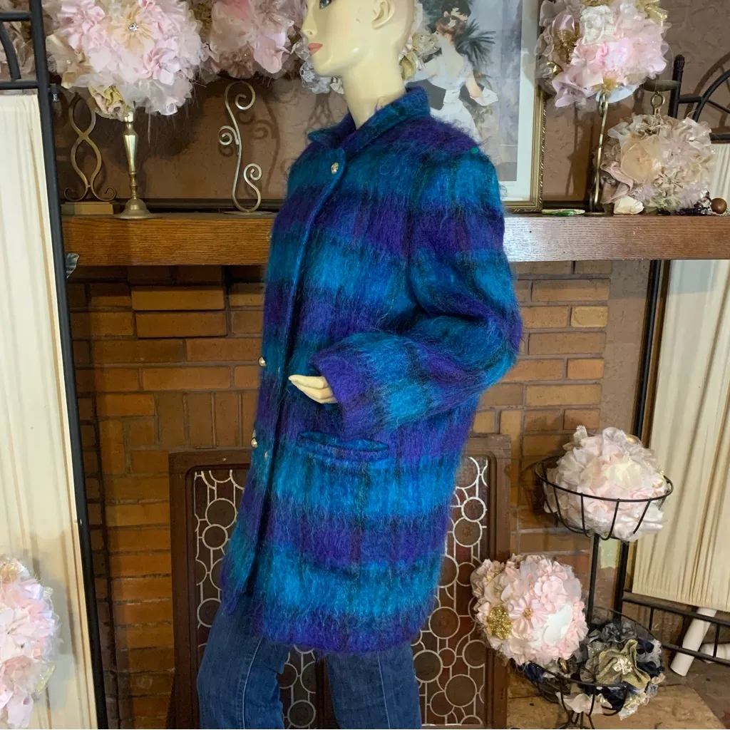 VINTAGE 1980'S GEORGE DAVID FASHIONS TURQUOISE & PURPLE PLAID MOHAIR COAT (14) - Image 6