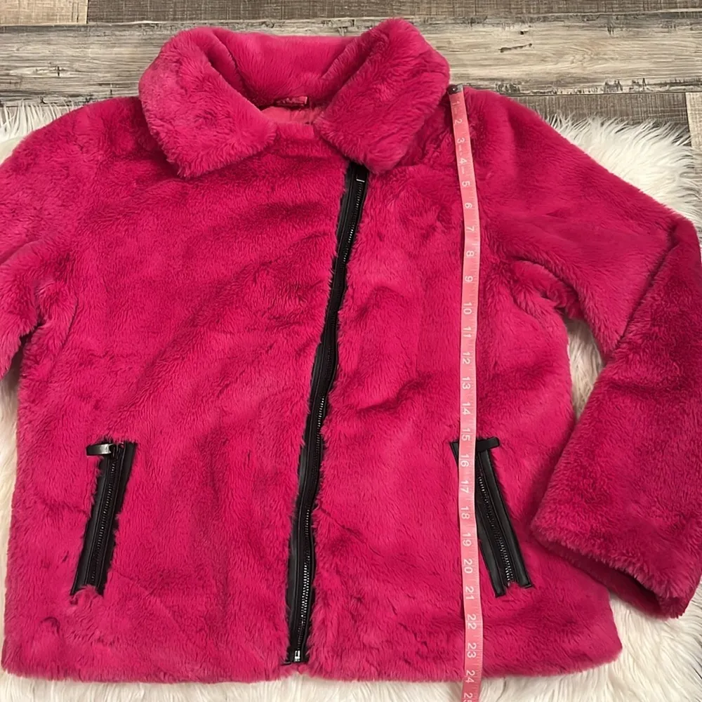 plush faux fur moto asymmetrical jacket fuchsia L - Image 8