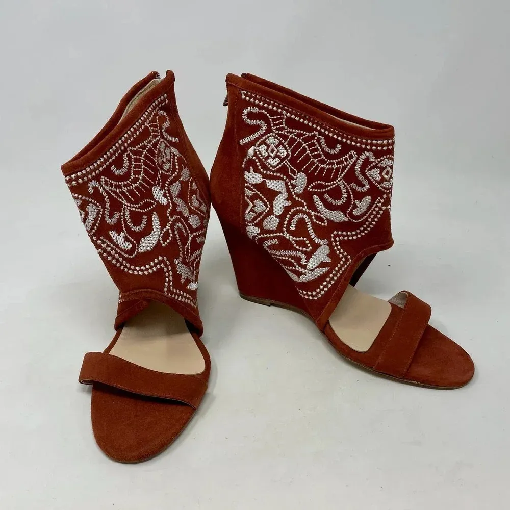 Anthropologie Plomo‎ Paula Embroidered Wedge Sandals Rust Orange Size 37 US 6.5 - Image 4