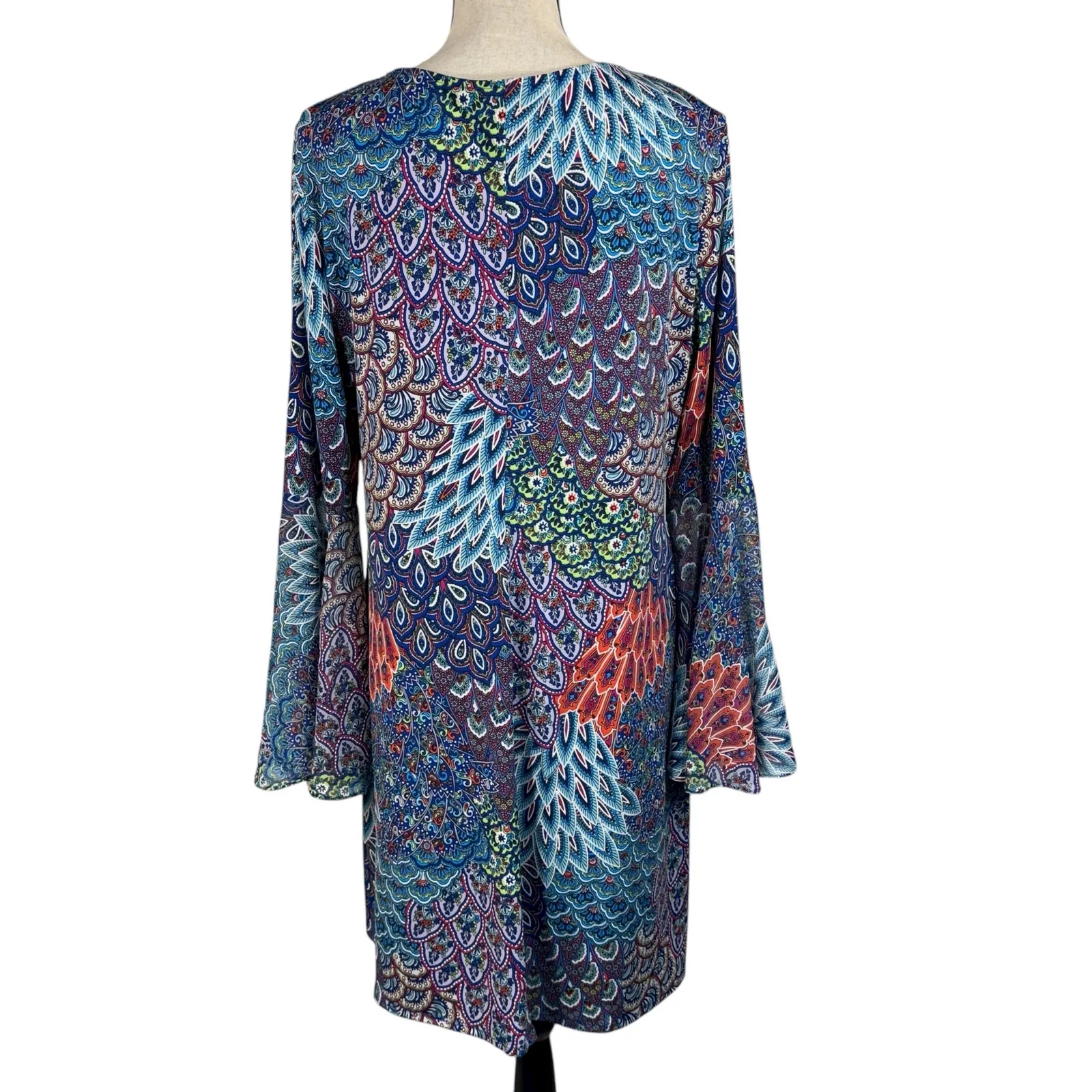 Roz & Ali X-Large A-Line Dress Geometric Stretch Long Bell Sleeves Knee Length - Image 5