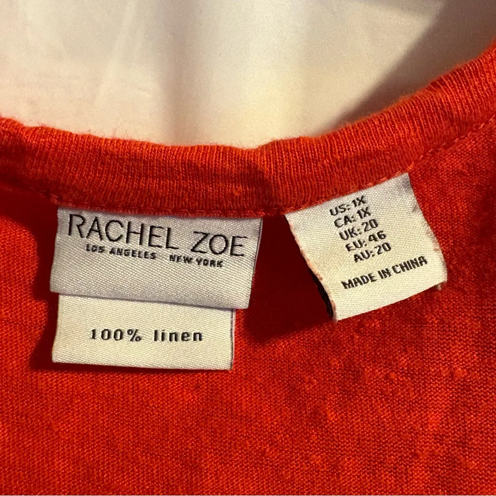 Rachel Zoe Womens Blouse Sz 1X 100% Linen V‎ Neck Tie Front Button Down Orange - Image 3