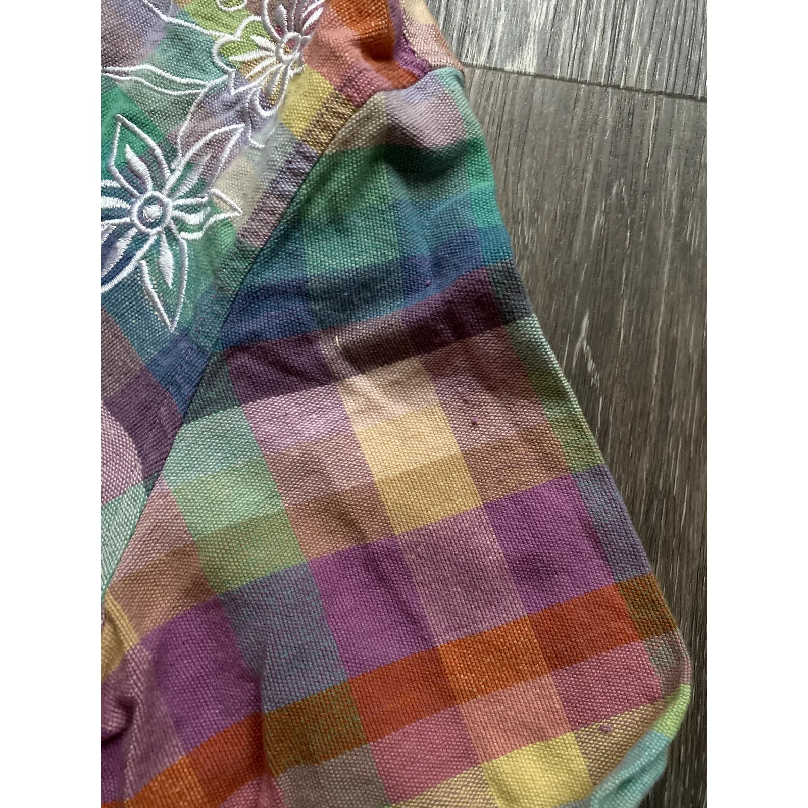 Vintage Embroidered Cotton Gingham Button Up Top‎ XL Folk Whimsical Indie Granny Pink - Image 4