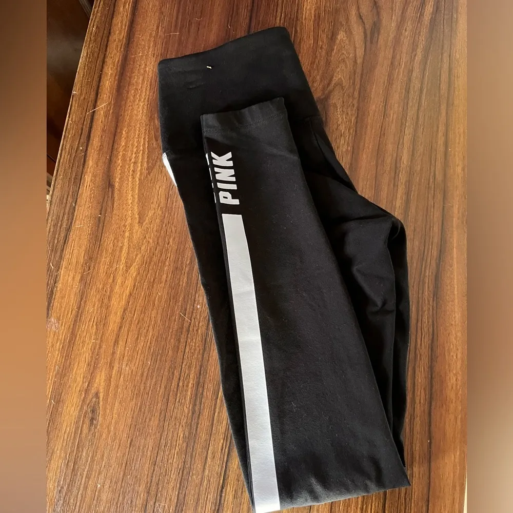 Victoria's Secret PINK Cotton High Waist Leggings Black White Stripe Medium - Image 8
