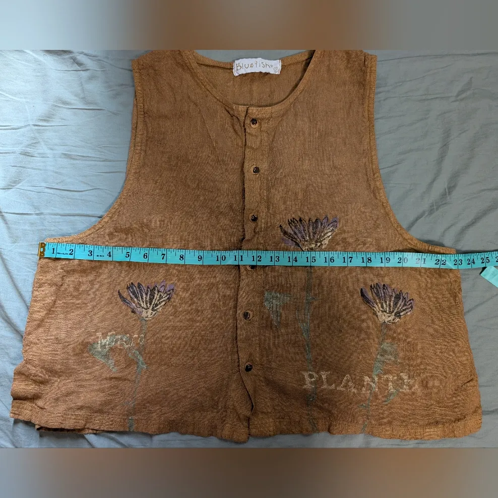 Vintage Bluefish Floral Hand Painted Linen Vest Women's 2 Tan/Brown Brown - Image 7