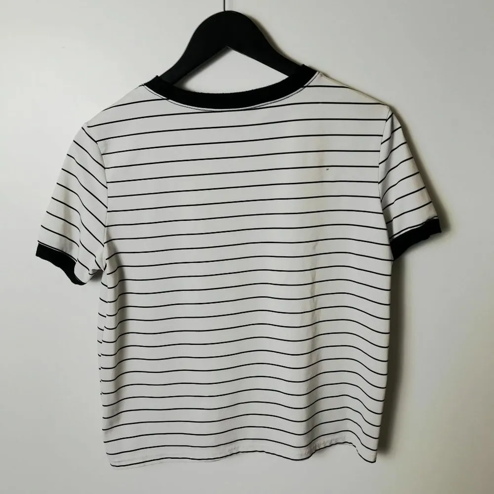 Shein Striped T Shirt Floral Pocket Womens Tee Short Sleeve Logo Print Trendy S - Image 2