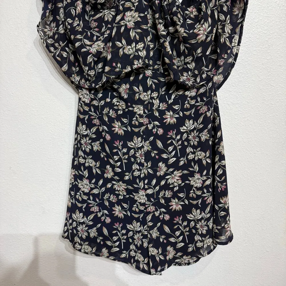J.O.A. Los Angeles Navy Floral Gathering Gardenias Cold Shoulder Romper Sz S Blue - Image 4