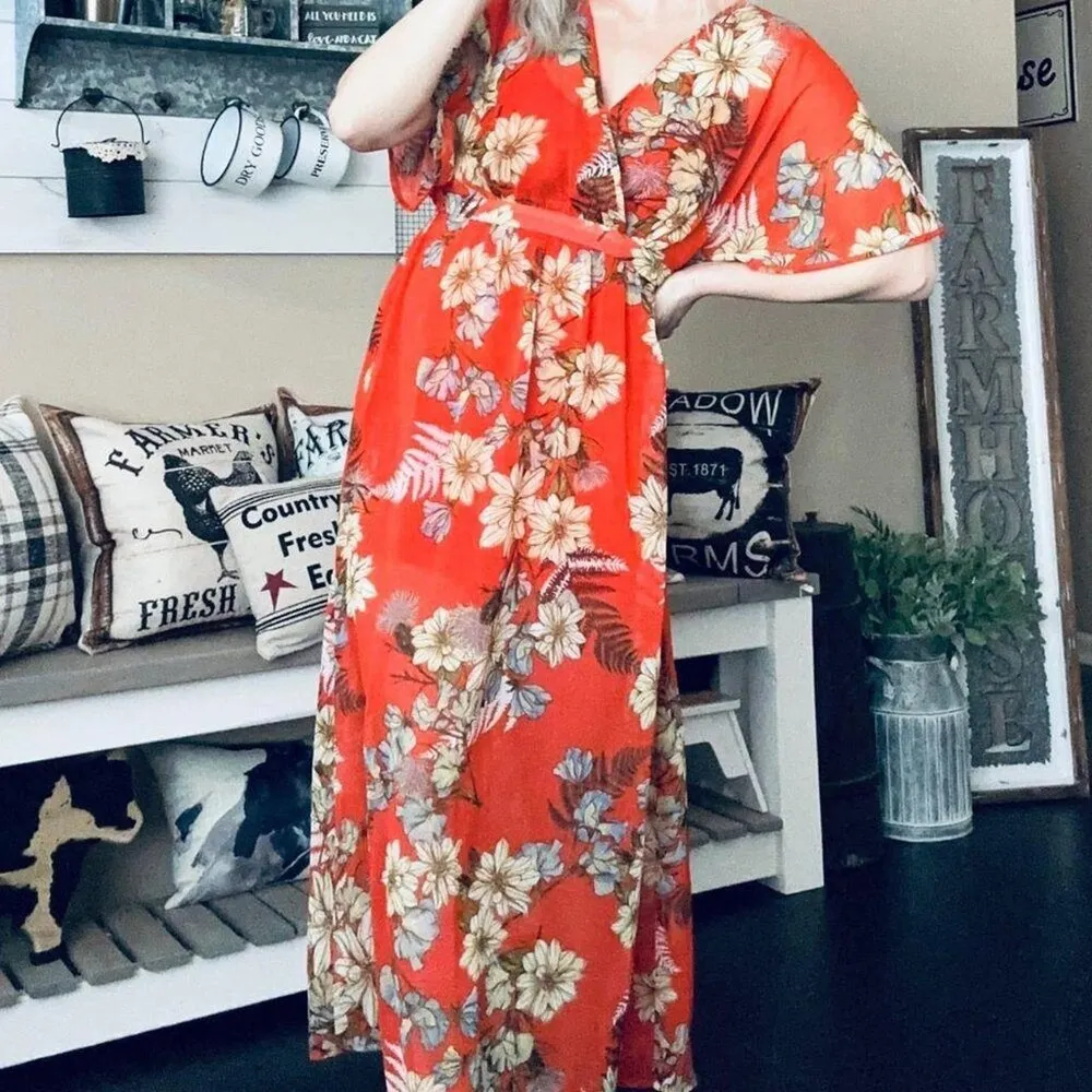 Love Fire Tropical Print Bohemian Floral Flutter Sleeve Semi Sheer Maxi Dress M - Image 5