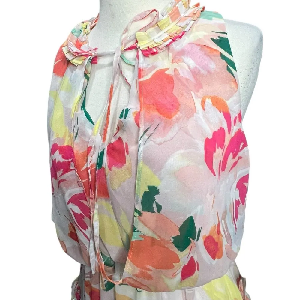 Laundry by Shelli Segal Dress 6 Pink Painted Floral Ruffle Romantic Coquette NEW - Image 3