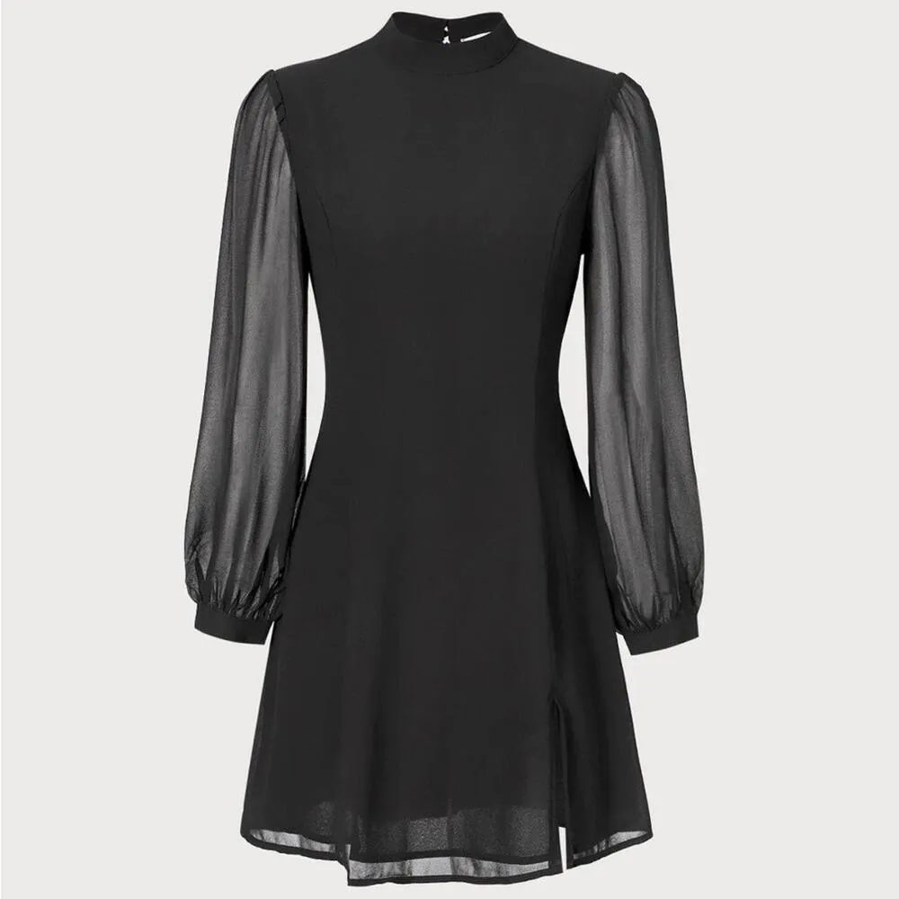 RIHOAS The Black Stand Collar Sheer Slit Mini Dress Size M - Image 5